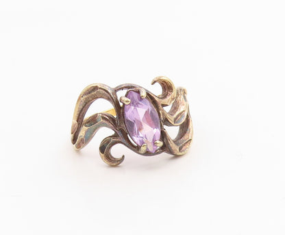 925 Sterling Silver Vintage Ring Gold Plated Marquise Cut Amethyst Sz 7 RG35887