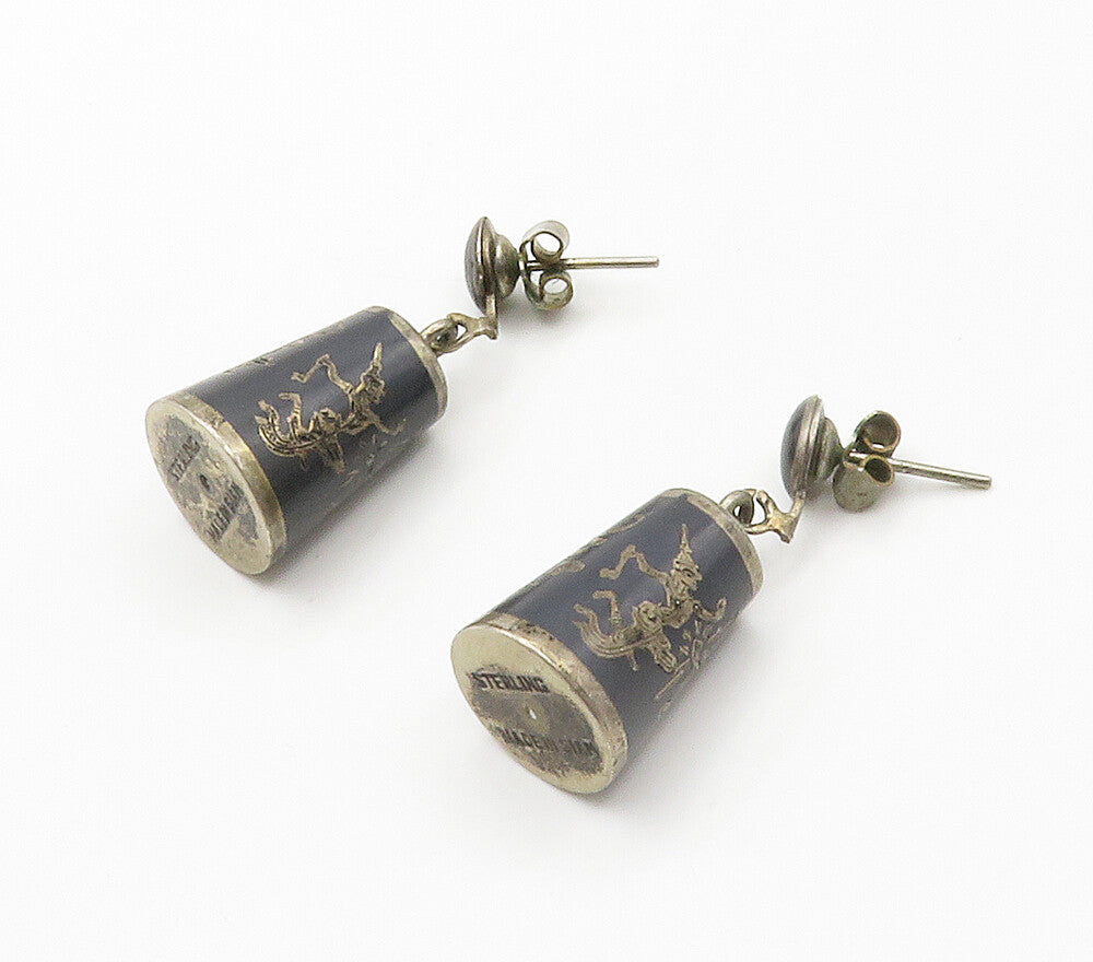 SIAM 925 Sterling Silver  Vintage Enamel Niello Dancer Drop Earrings  EG7793