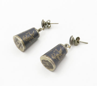 SIAM 925 Sterling Silver  Vintage Enamel Niello Dancer Drop Earrings  EG7793