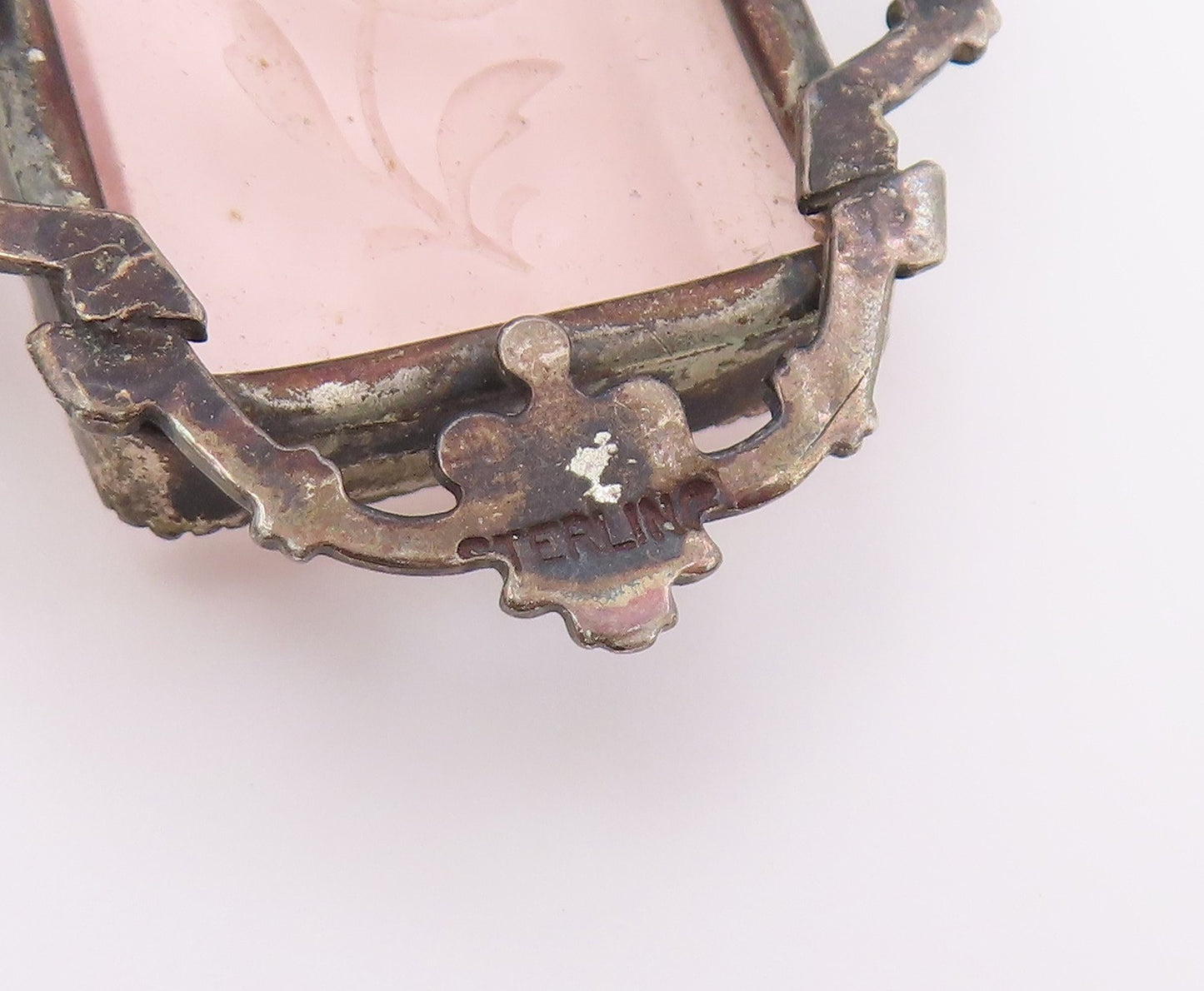 925 Sterling Silver Vintage Brooch Pin Rose Quartz Carved Floral Frame  BP12632