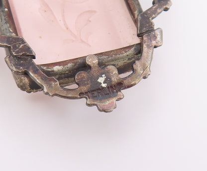 925 Sterling Silver Vintage Brooch Pin Rose Quartz Carved Floral Frame  BP12632