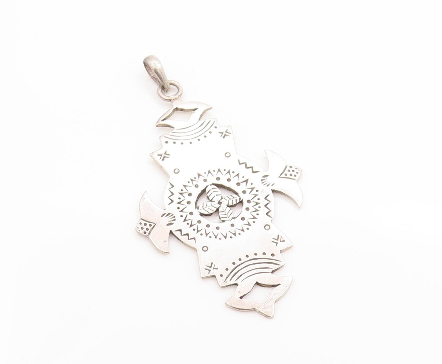 925 Sterling Silver Vintage Pendant Etched Patterns Of Tribal Symbols  PT24828