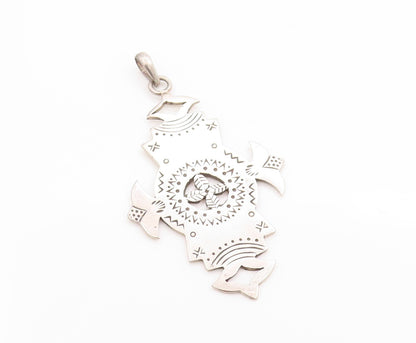 925 Sterling Silver Vintage Pendant Etched Patterns Of Tribal Symbols  PT24828
