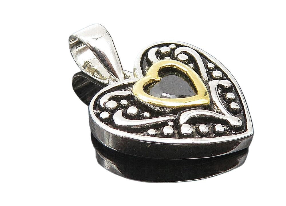 925 Sterling Silver  Shiny Hematite Two Tone Love Heart Drop Pendant  PT8312