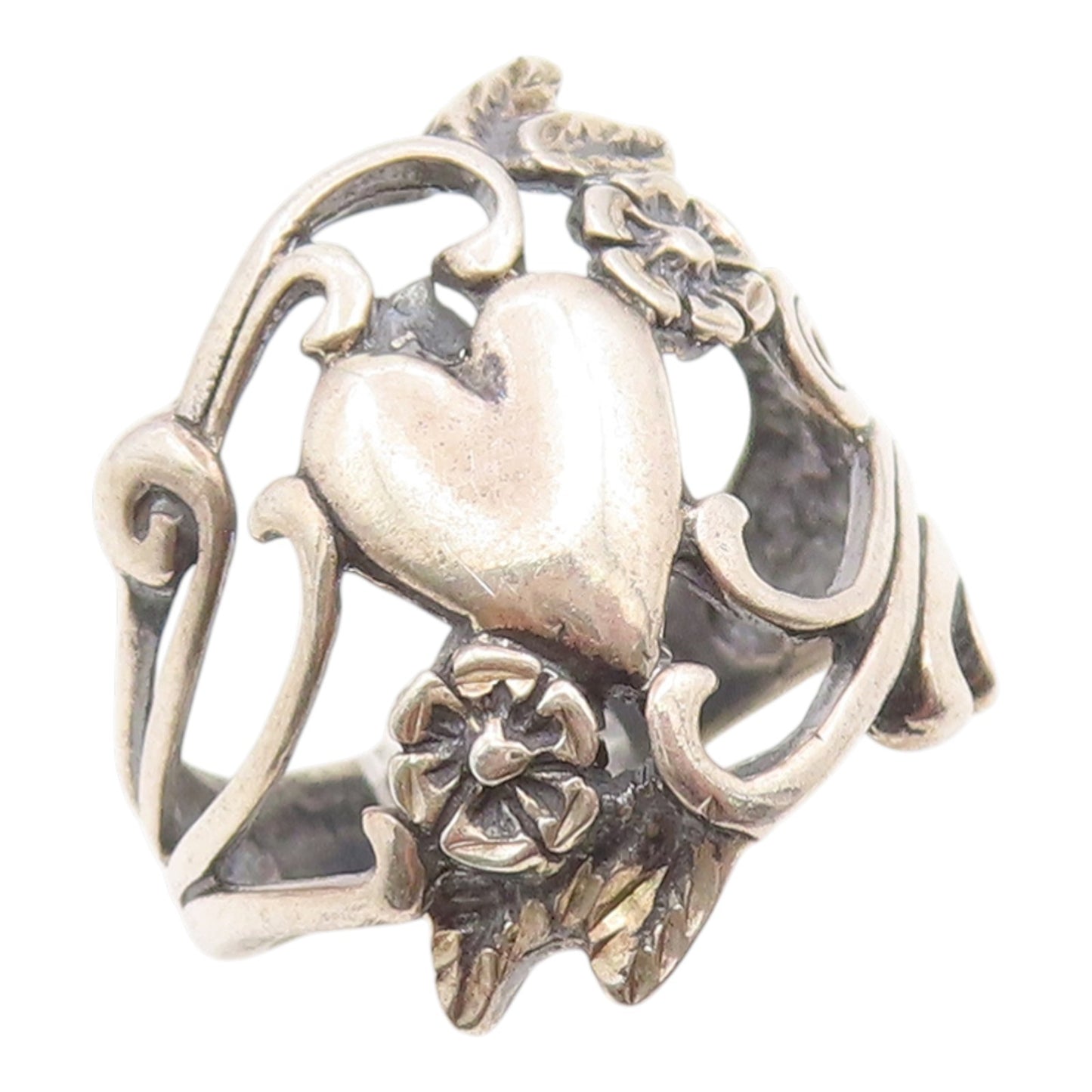 925 Sterling Silver Vintage Ring OTT Love Heart Floral Scrollwork  Sz 6  RG36106