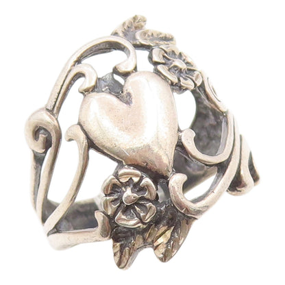 925 Sterling Silver Vintage Ring OTT Love Heart Floral Scrollwork  Sz 6  RG36106