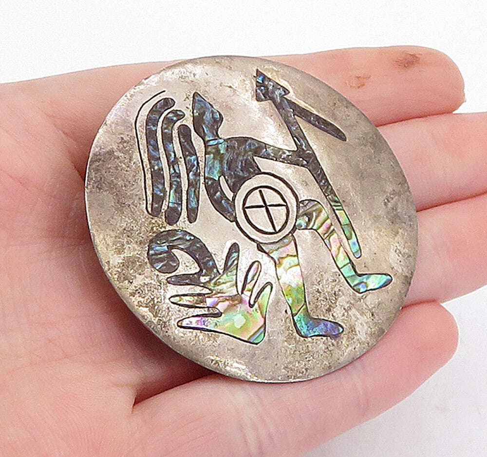 MEXICO 925 Sterling Silver  Vintage Abalone Shell Warrior Brooch Pin  BP1331