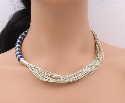 925 Sterling Silver Vintage Necklace NAVAJO Azurite & Liquid Chain  NE4367