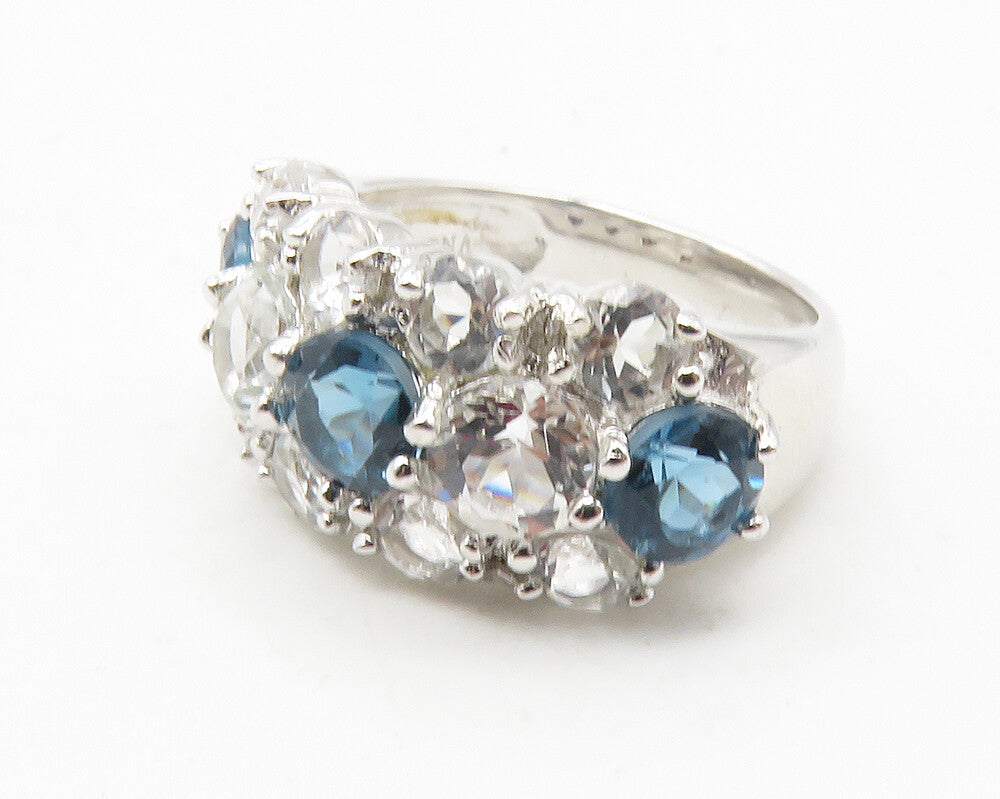 925 Sterling Silver  Blue & White Topaz 3 Row Shiny Band Ring Sz 5  RG11723
