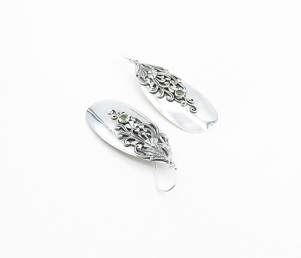 925 Sterling Silver Vintage Peridot Floral Swirl Vine Drop Earrings EG3082