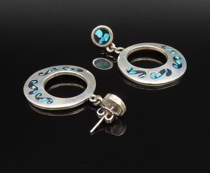 MEXICO 925 Sterling Silver Vintage Turquoise & Onyx Open Circle Earrings EG12250