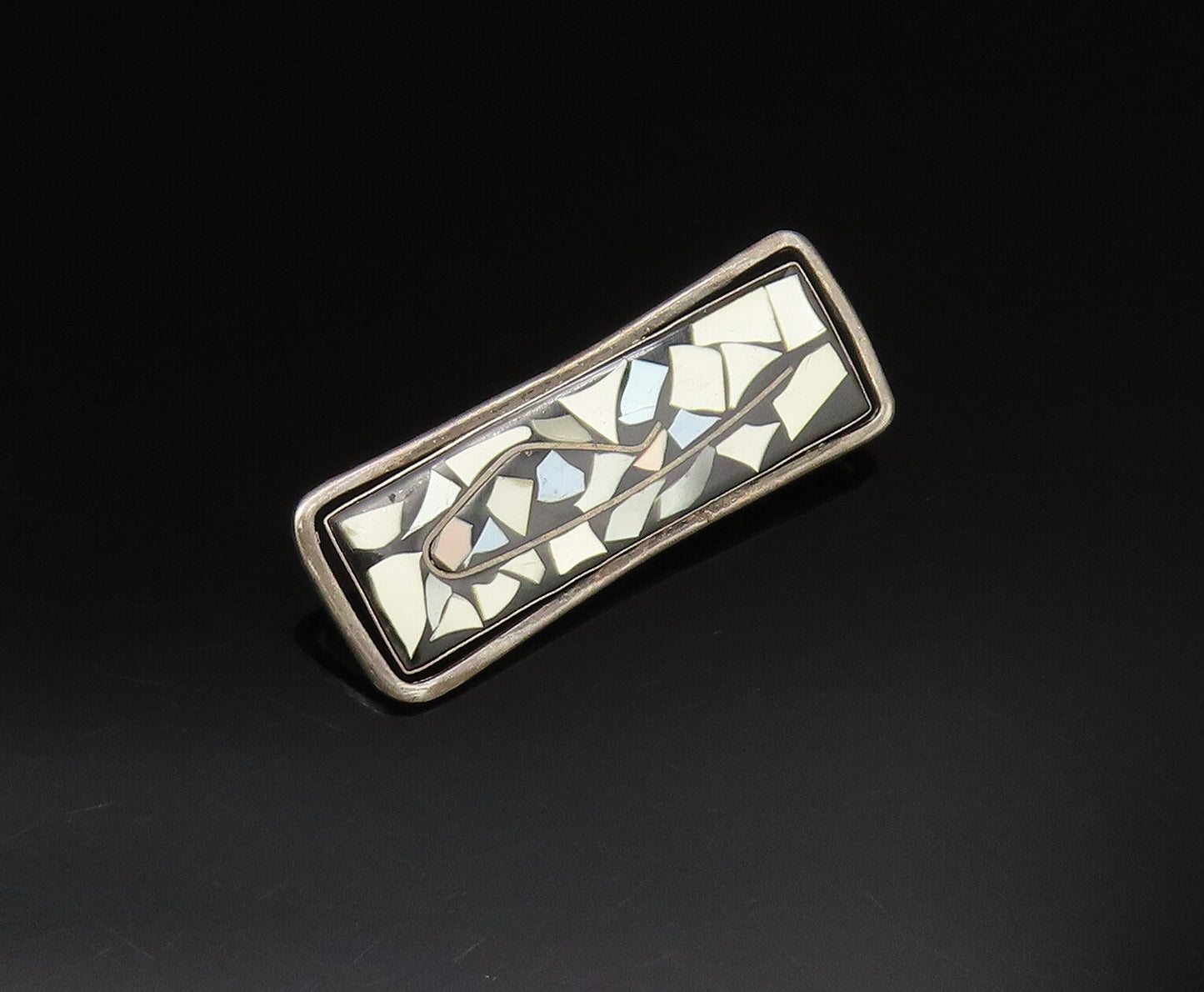 ISRAEL 925 Silver  Vintage Multi Mother Of Pearl & Onyx Brooch Pin  BP9808