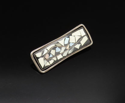 ISRAEL 925 Silver  Vintage Multi Mother Of Pearl & Onyx Brooch Pin  BP9808