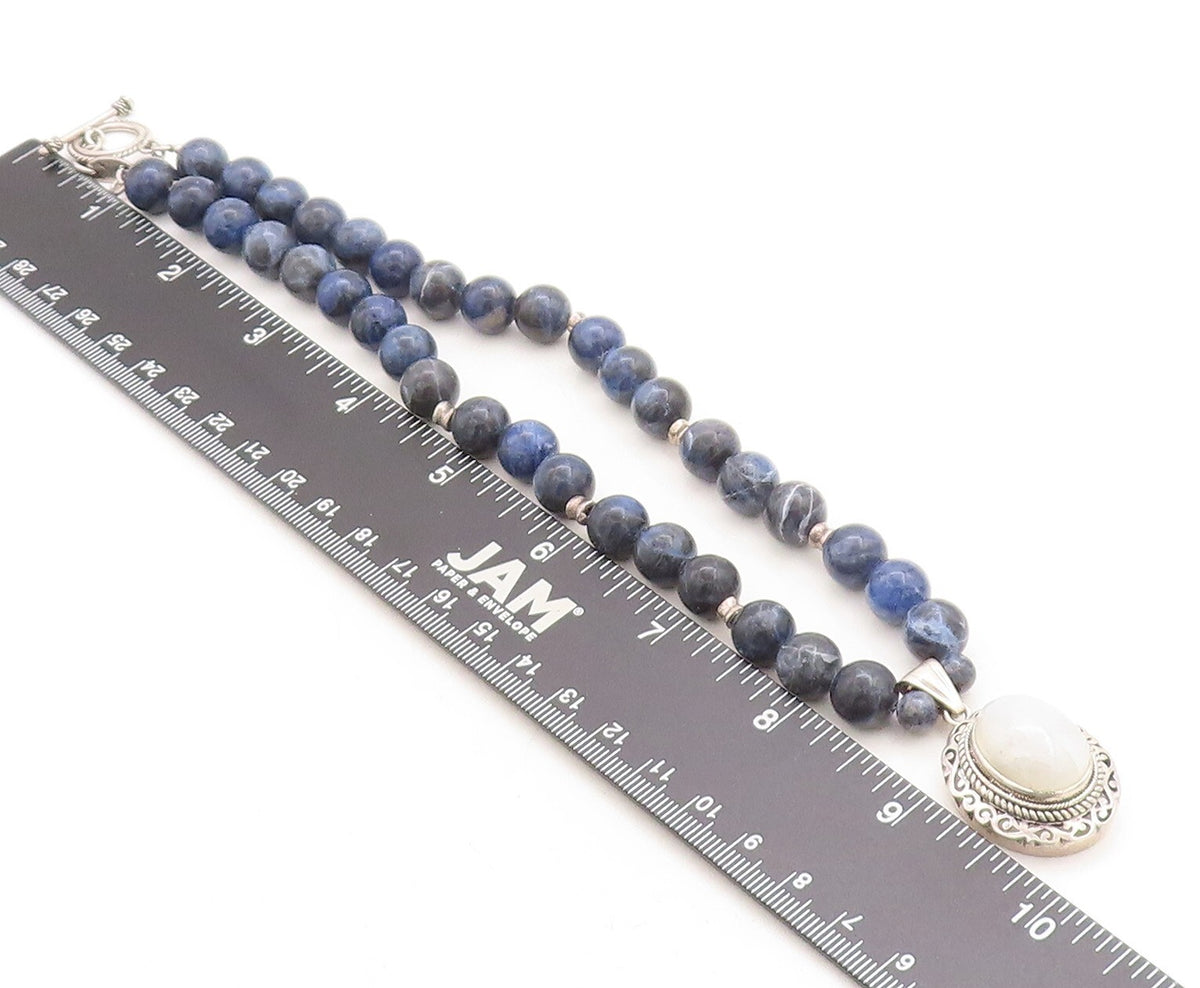 925 Sterling Silver  Vintage Moonstone & Sodalite Beaded Chain Necklace NE1211