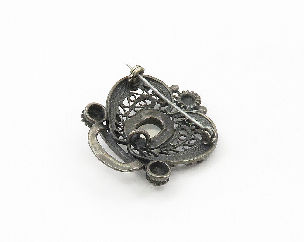 925 Sterling Silver   Vintage Cabochon Topaz Oxidized Swirl Brooch Pin  BP6865
