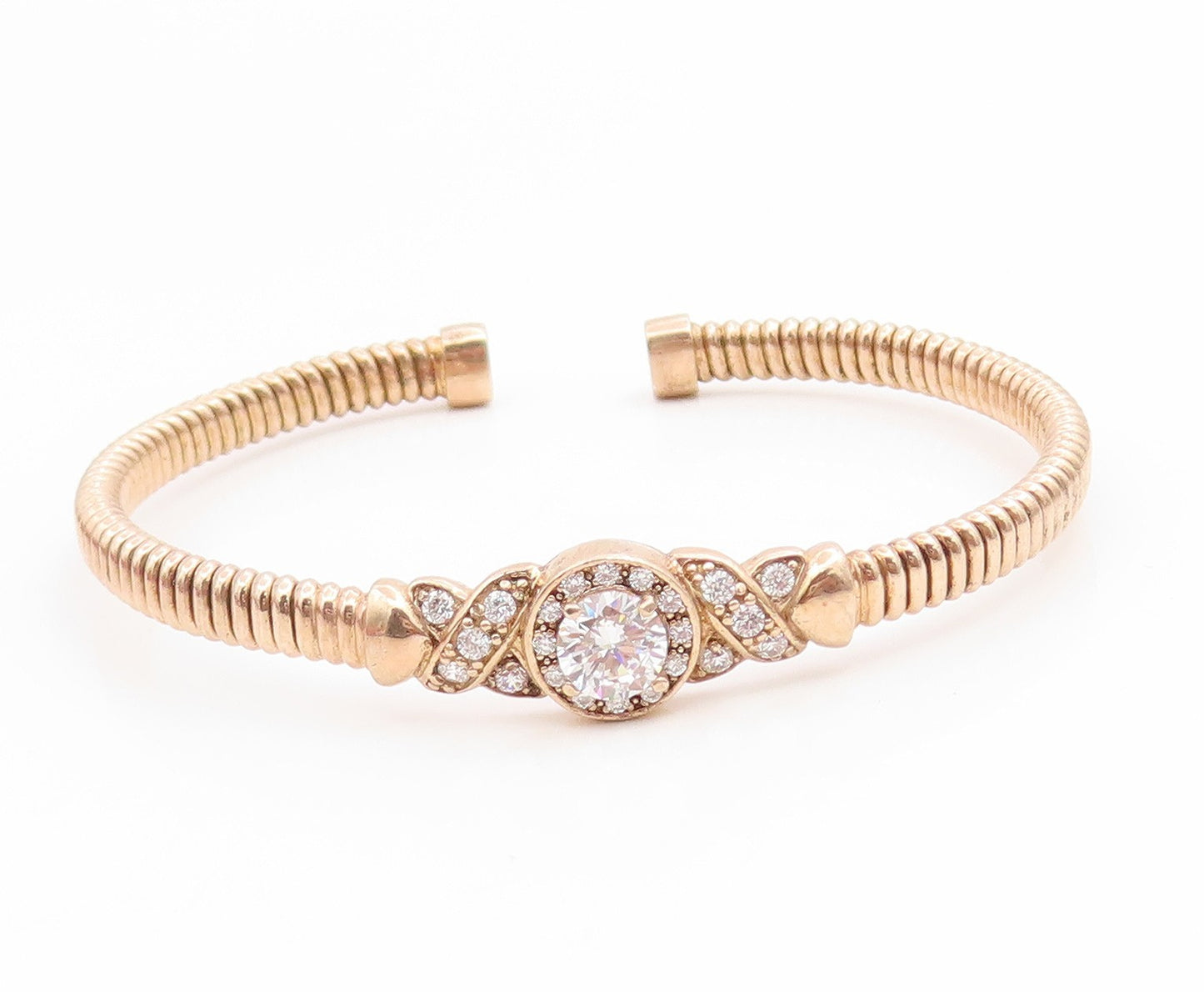 925 Sterling Silver Vintage Bracelet Gold Plated CZ Crossover Swirl Cuff BT11899