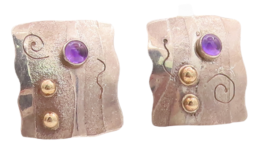 14k Gold 925 Sterling Silver Vintage Earrings Designer Etched Amethyst  EG13121