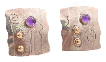 14k Gold 925 Sterling Silver Vintage Earrings Designer Etched Amethyst  EG13121