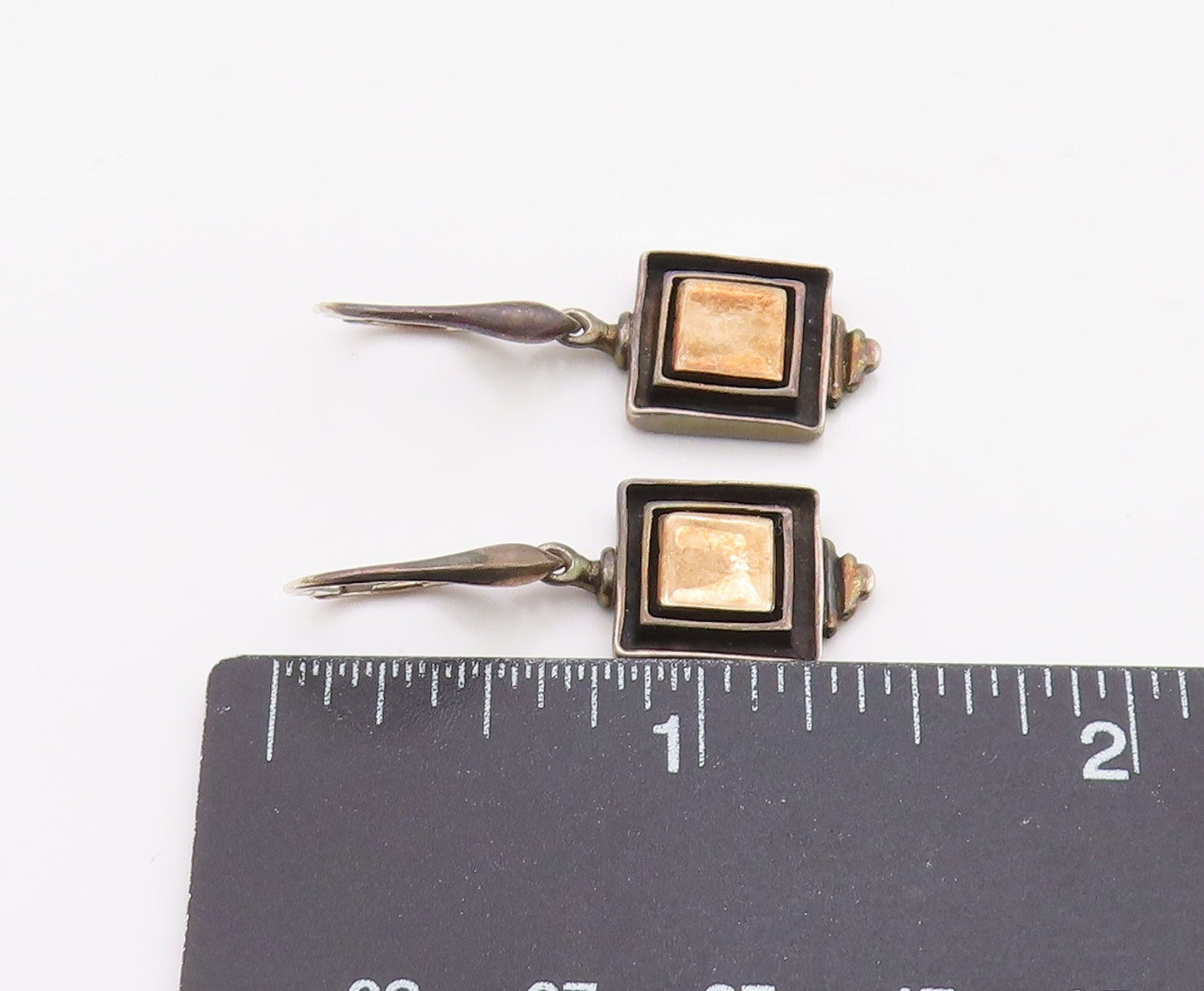 14k Gold & 925 Sterling Silver Vintage Earrings Hammered Square Drop  EG14402