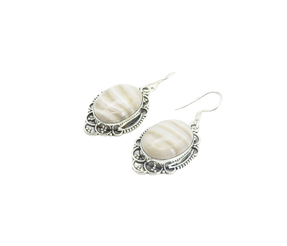 925 Sterling Silver  Vintage Cabochon Cut Agate Swirl Dangle Earrings  EG3301