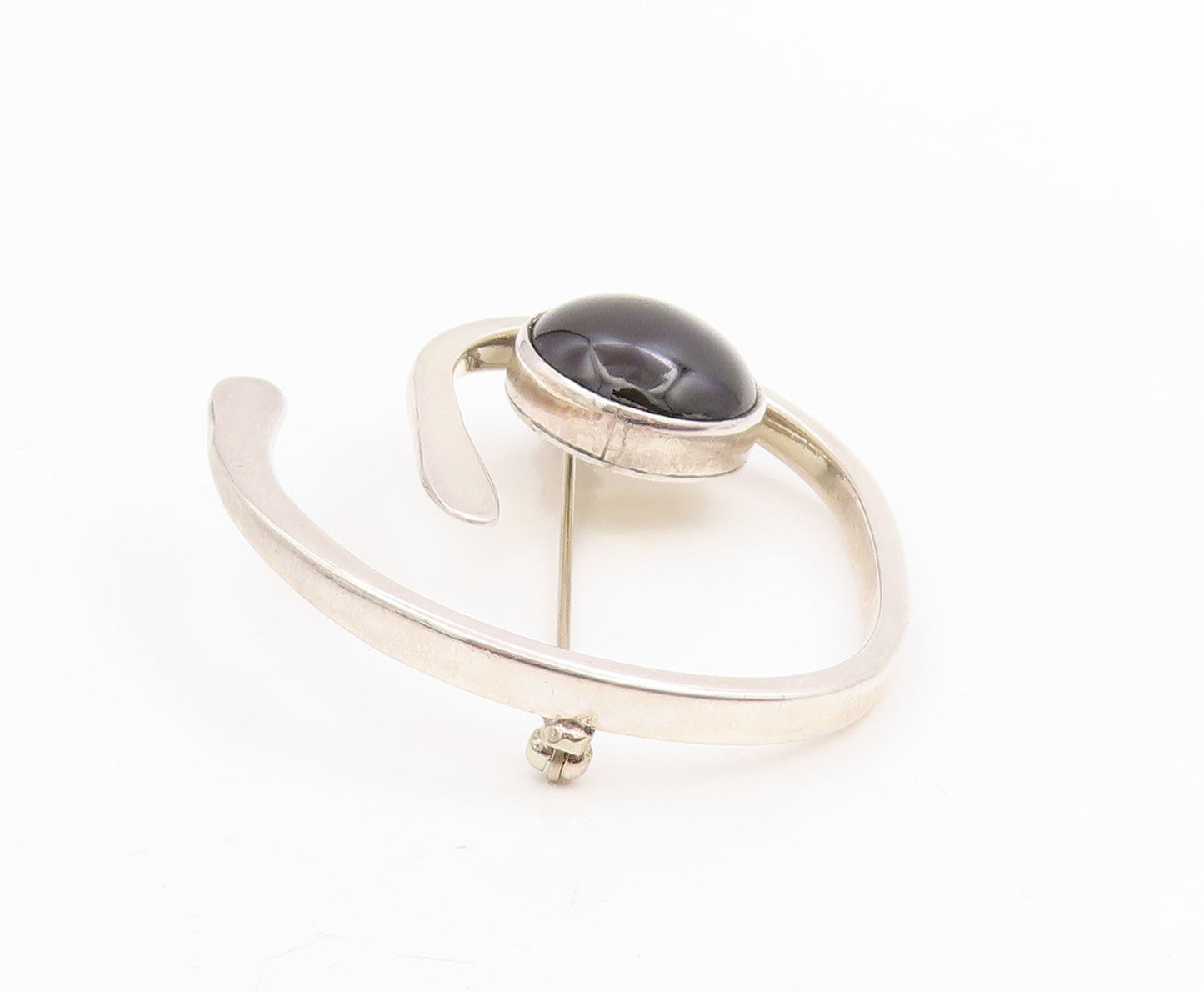 925 Sterling Silver Vintage Brooch Pin Cabochon Onyx Modernist Spiral  BP12210