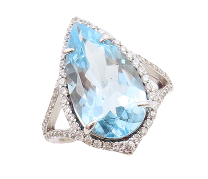 925 Sterling Silver Vintage Ring Designer Drop Cut Blue & White CZ Sz 7  RG30558