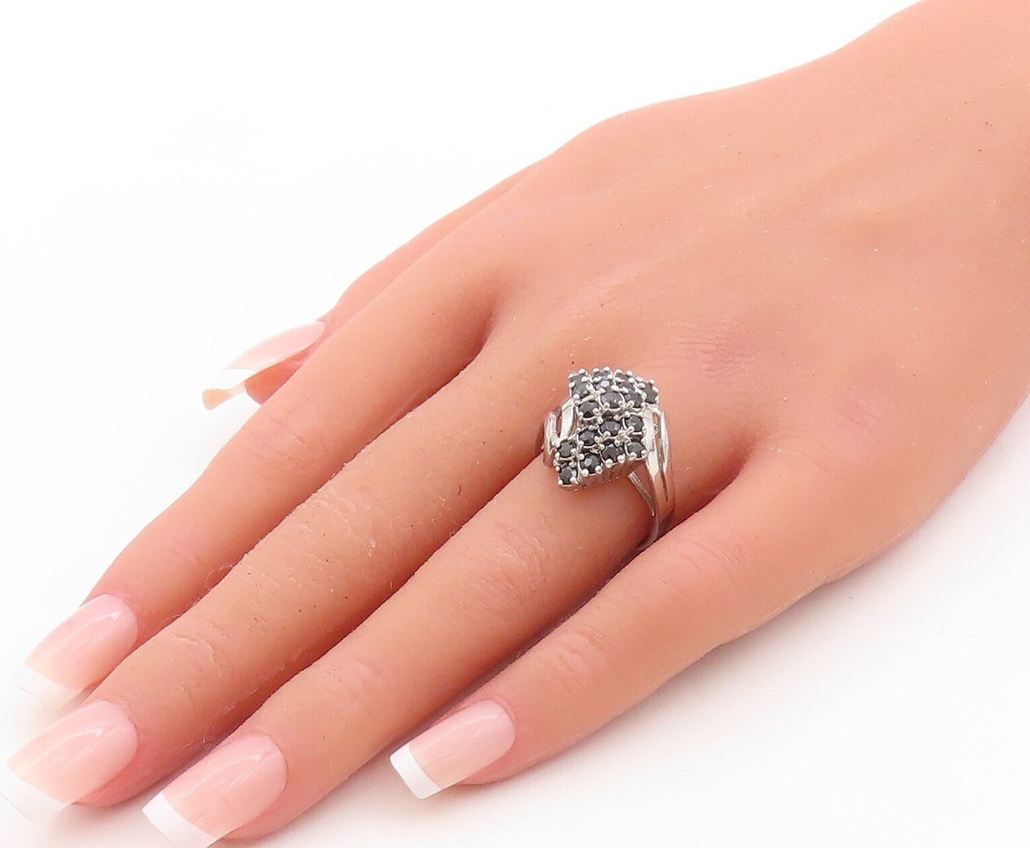 925 Sterling Silver Vintage Ring Swirly Carved Sapphire Inlay  Sz 7  RG31423