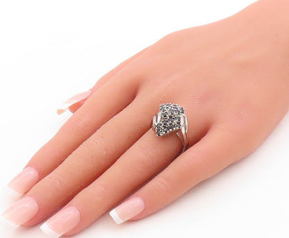 925 Sterling Silver Vintage Ring Swirly Carved Sapphire Inlay  Sz 7  RG31423