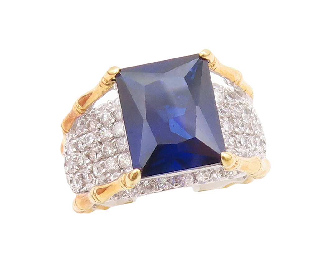 925 Sterling Silver Vintage Ring Gold Plated Designer Sapphire CZ  Sz 7  RG30196