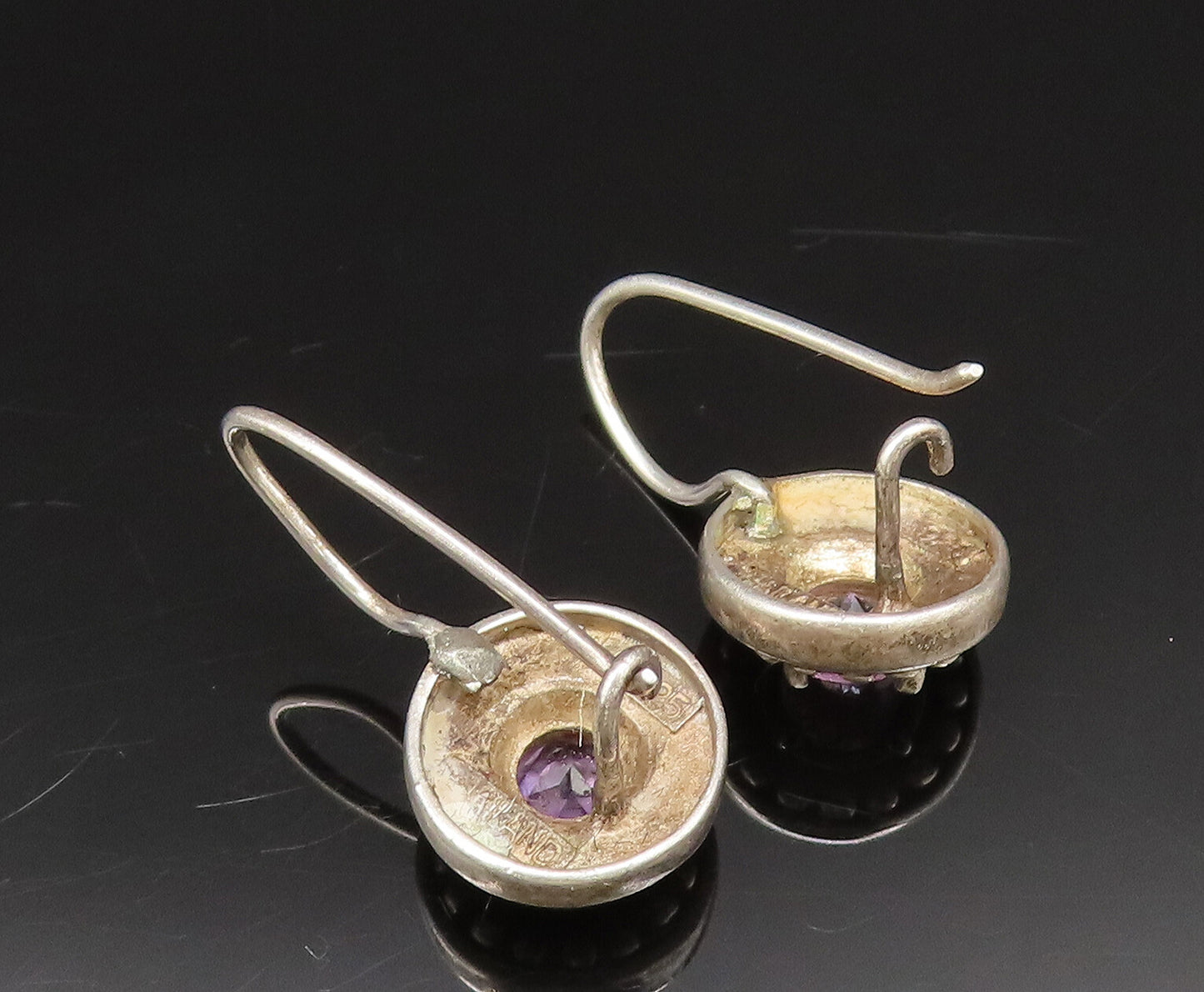 925 Sterling Silver  Vintage Dotted Edge Amethyst Drop Earrings  EG11876
