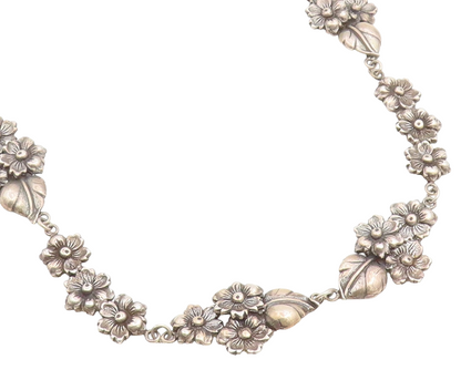 925 Sterling Silver Vintage Necklace Classic Botanical Floral Motif Link  NE4889