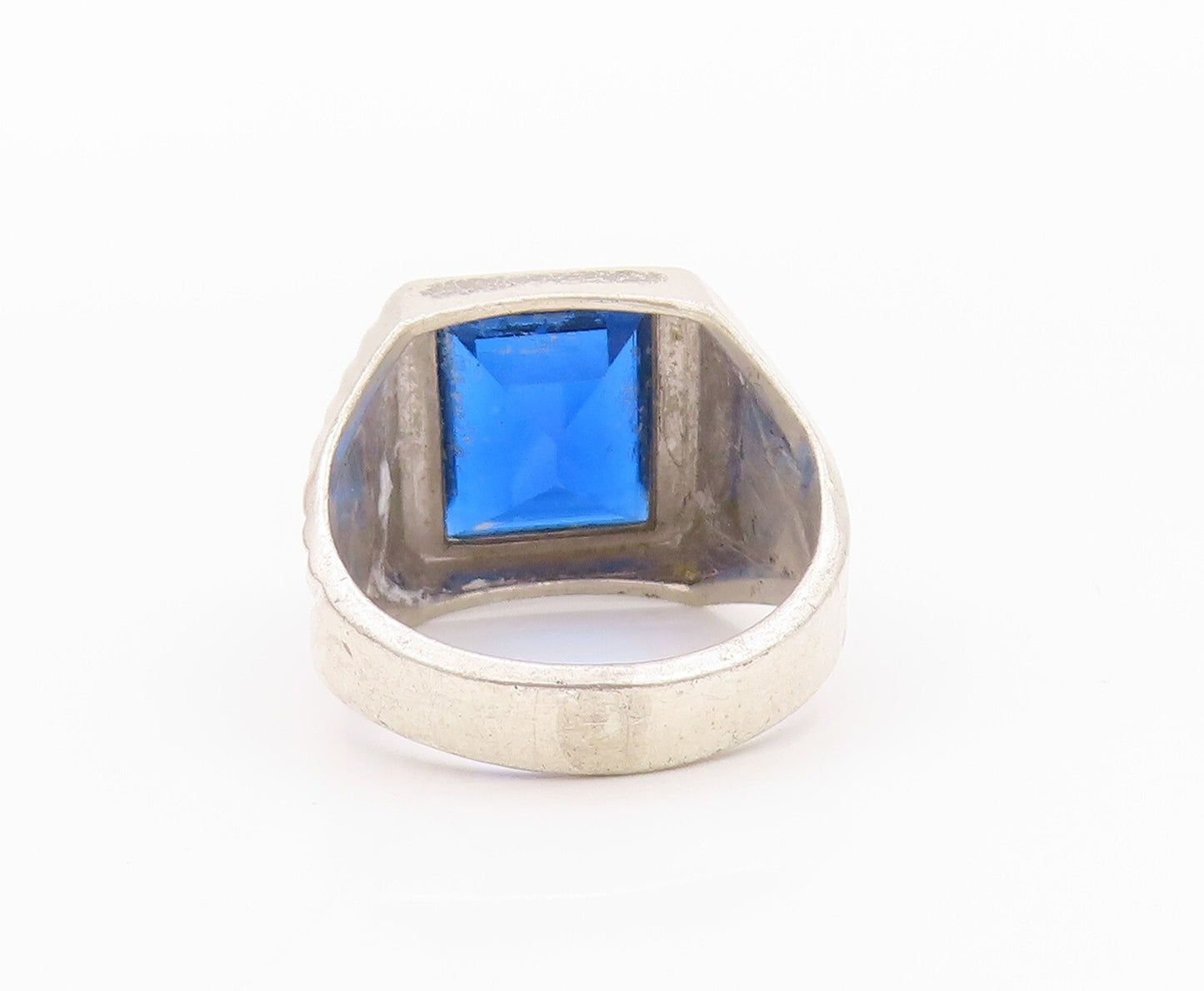 925 Sterling Silver Vintage Ring Rectangle Cut Blue CZ Grooved  SZ 8  RG32178