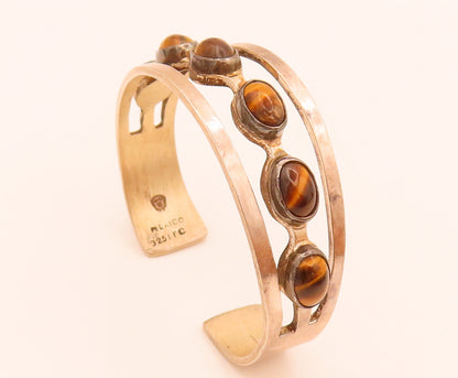 MEXICO 925 Silver  Vintage Tiger's Eye Beaded Spilt Cuff Bracelet  BT10035