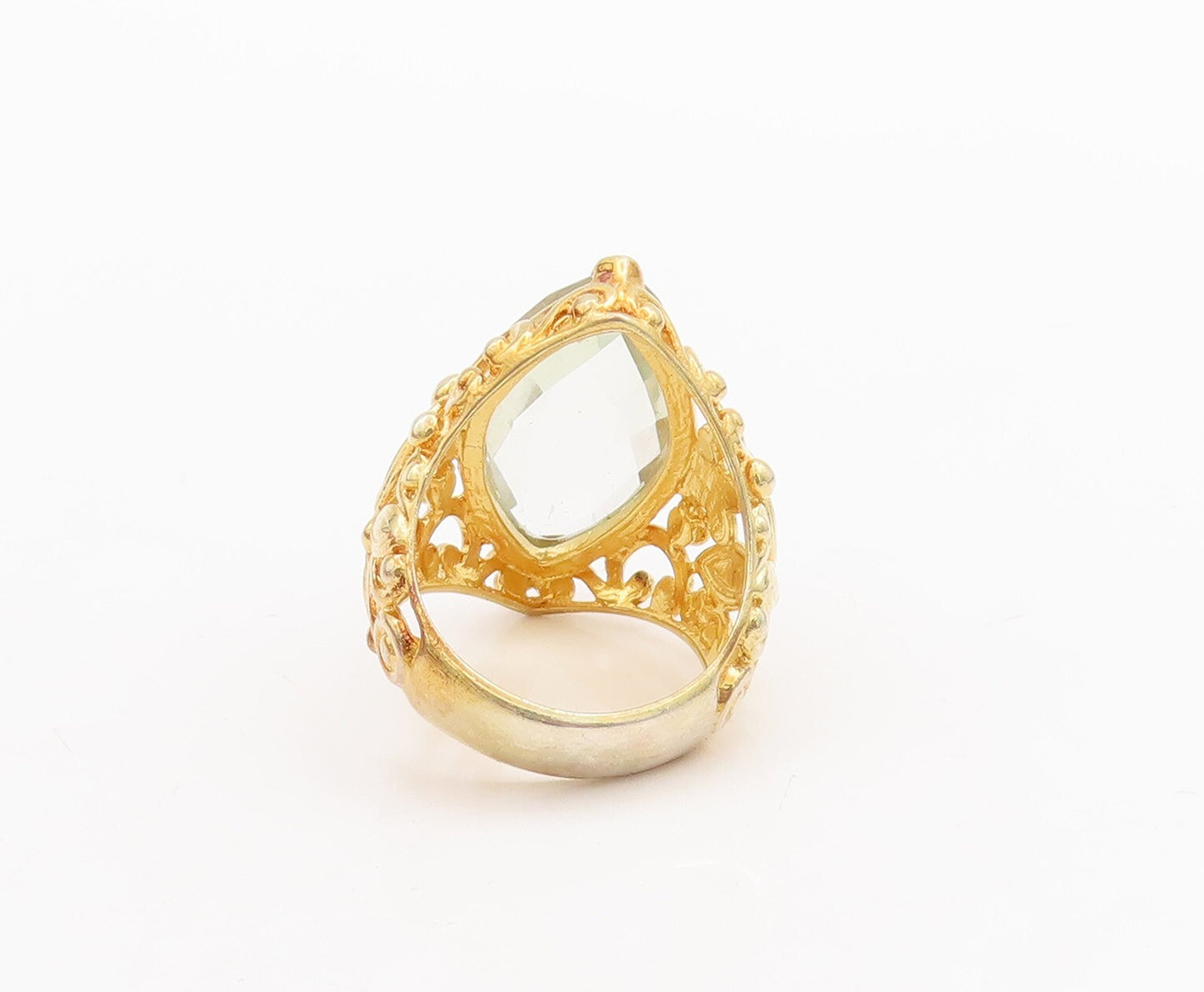 925 Sterling Silver Vintage Ring Gold Plated Floral Green Amethyst Sz 7  RG29036