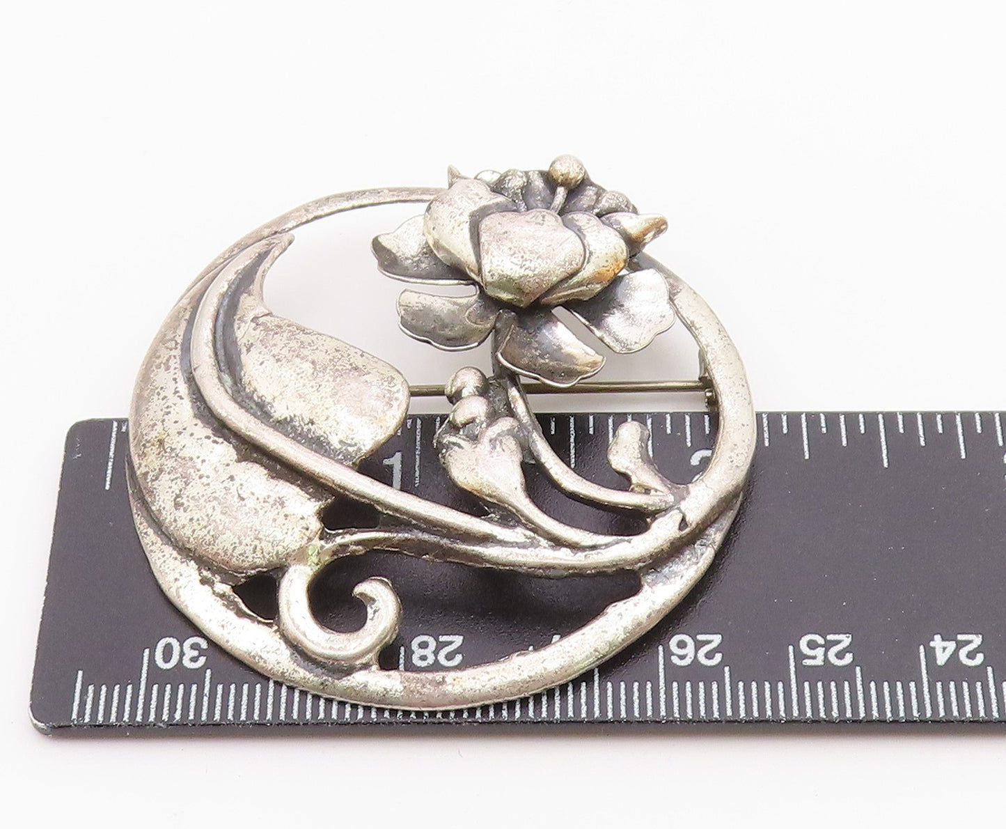 925 Sterling Silver  Vintage Antique Floral Swirl Round Brooch Pin  BP7047