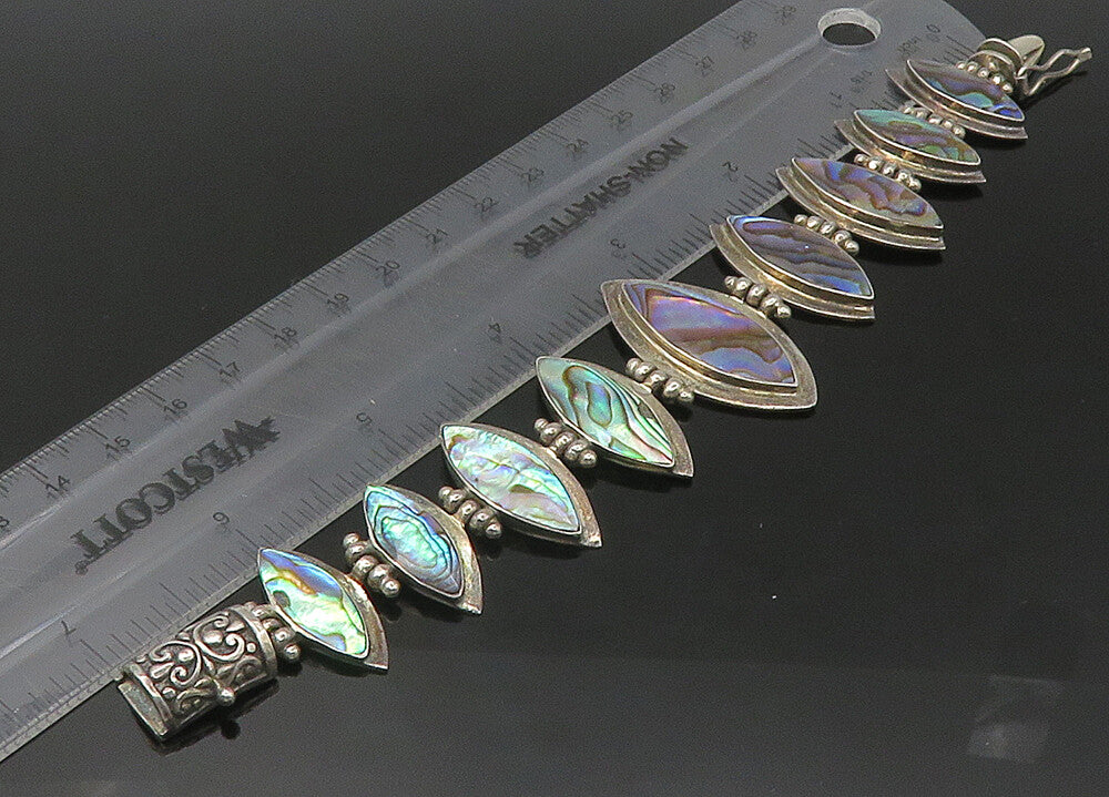 925 Sterling Silver  Vintage Graduated Abalone Shell Chain Bracelet  BT8793