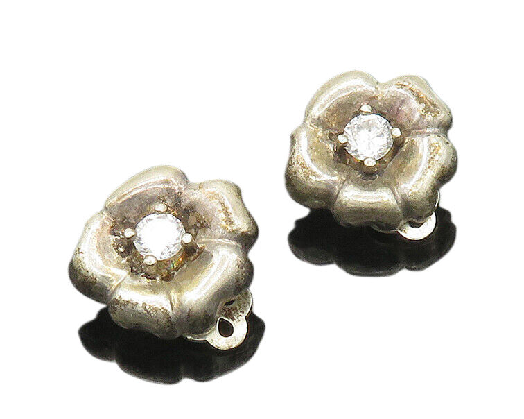 925 Sterling Silver  Vintage Cubic Zirconia Floral Non Pierce Earrings EG10356