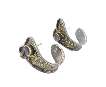 925 Sterling Silver  Vintage Amethyst Dark Tone JHoop Earrings  EG3307