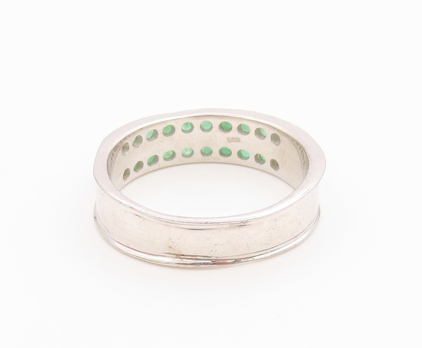 925 Sterling Silver Vintage Ring Elegant Emerald Double Row Band  Sz 10  RG36152