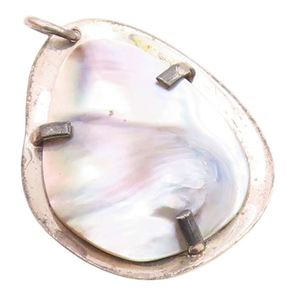 EUROPEAN 925 Silver  Vintage Shiny Mother Of Pearl Modernist Pendant  PT16705