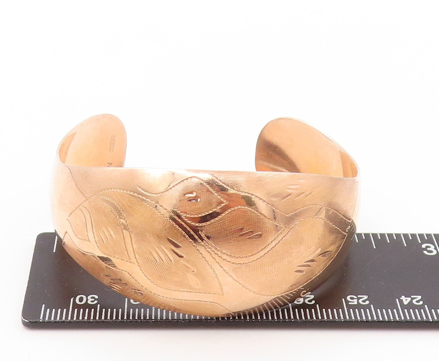 925 Sterling Silver Vintage Bracelet Brass Plated Leaves Etched Cuff  BT11071