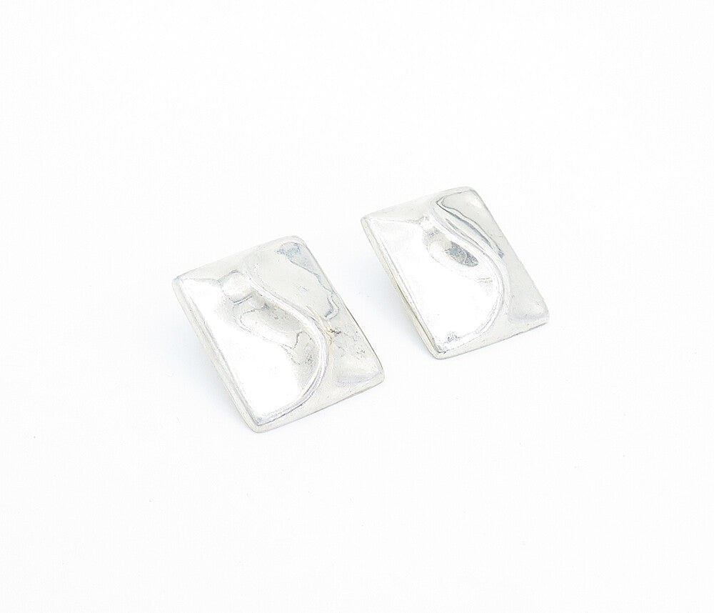 925 Sterling Silver  Vintage Shiny Square Swirl Non Pierce Earrings  EG2061