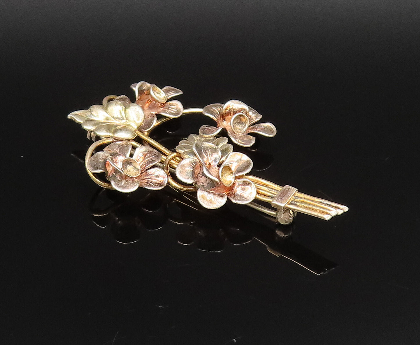 925 Silver  Vintage Gold Plated Bouquet Of Stem Flowers Brooch Pin  BP9961