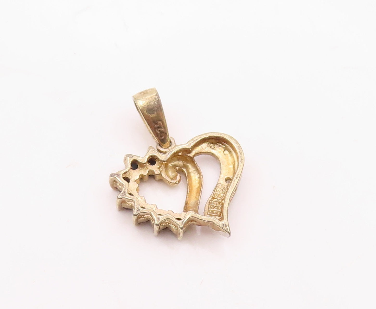 925 Sterling Silver  Vintage Genuine Diamond & Sapphire Heart Pendant  PT18070