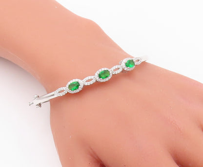 925 Sterling Silver Vintage Bracelet Loop Cutout Green & White CZ Bangle BT10718