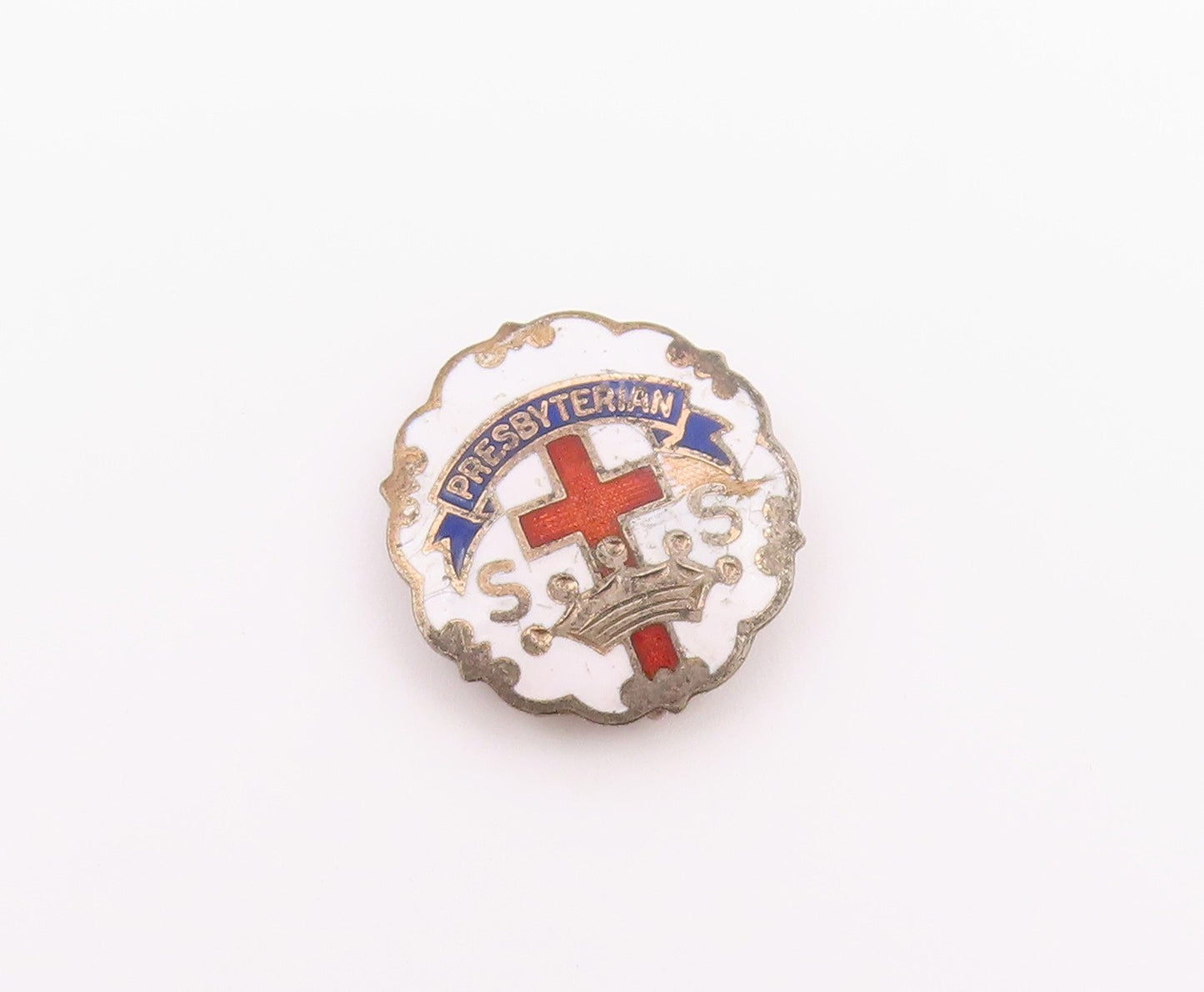 925 Sterling Silver Vintage Enamel Presbyterian Church Brooch Pin BP8606