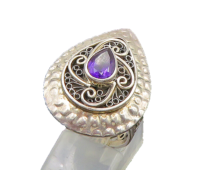 925 Sterling Silver  Vintage Tear Drop Amethyst Cocktail Ring Sz 7  RG22824
