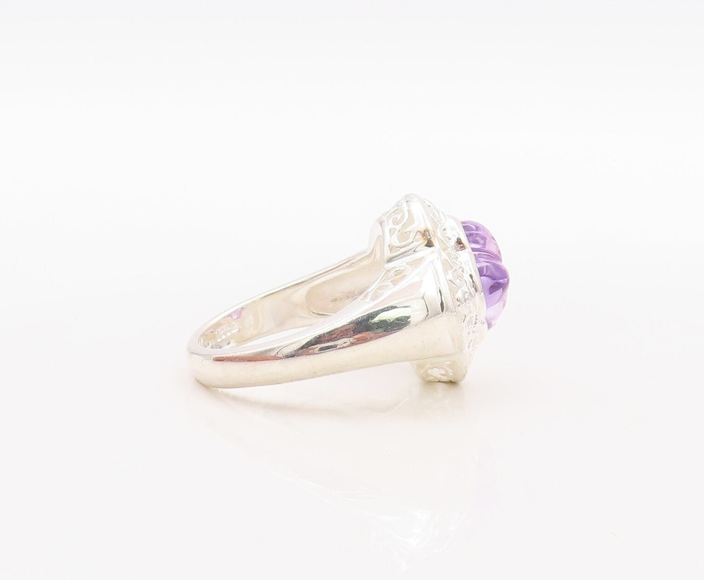 925 Sterling Silver Vintage Ring Swirly Carved Amethyst Flower  Sz 7  RG31424