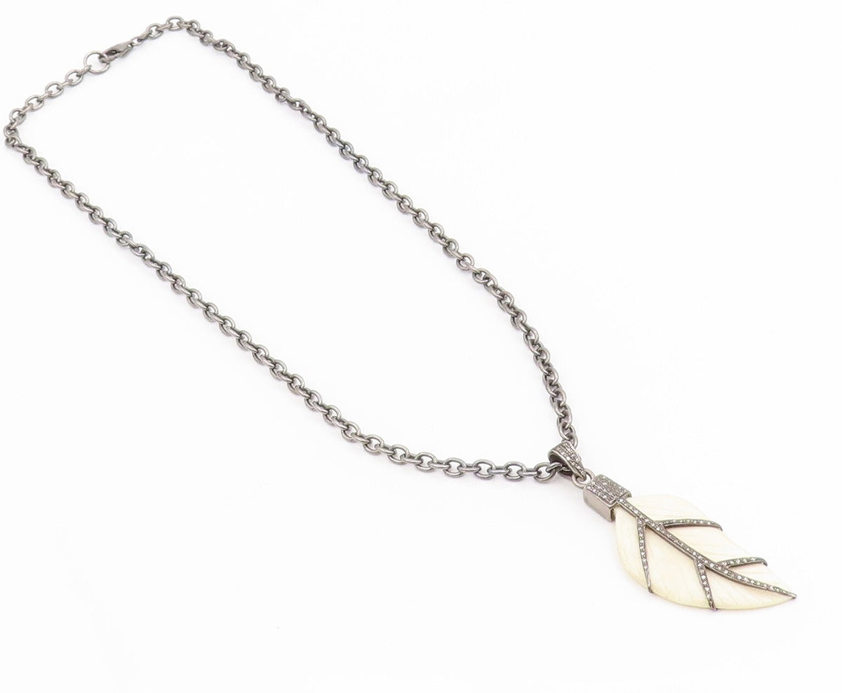 925 Sterling Silver Vintage Necklace Dark Tone Diamonds Inlay Leaf Carved NE4450