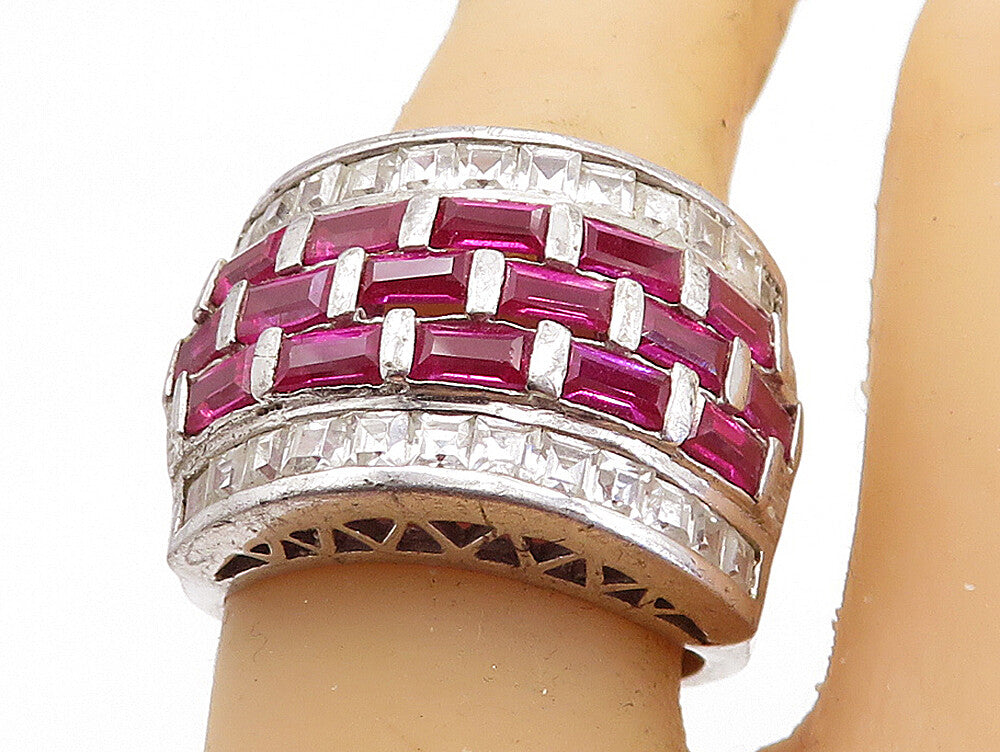 SETA 925 Silver  Pink & White Topaz Brick Layer Shiny Band Ring Sz 7  RG6665
